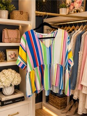 Ces Femme Multi-Color Striped V-Neck Peplum Blouse